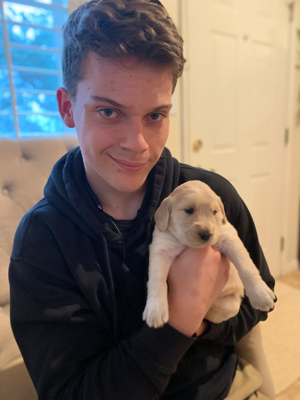 Photo of a teenager holding a very young golden retreiver